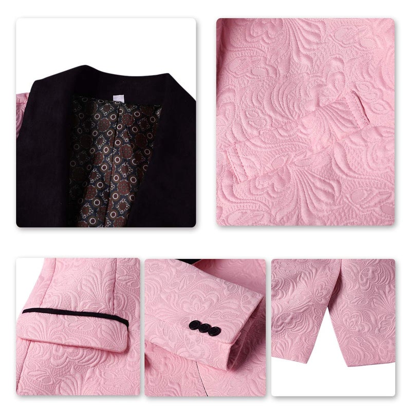 YFFUSHI Men's 3 Piece Suit Slim Fit Jacquard Tuxedo One Button Shawl Collar Jacket Vest Trousers Pink - Image 5